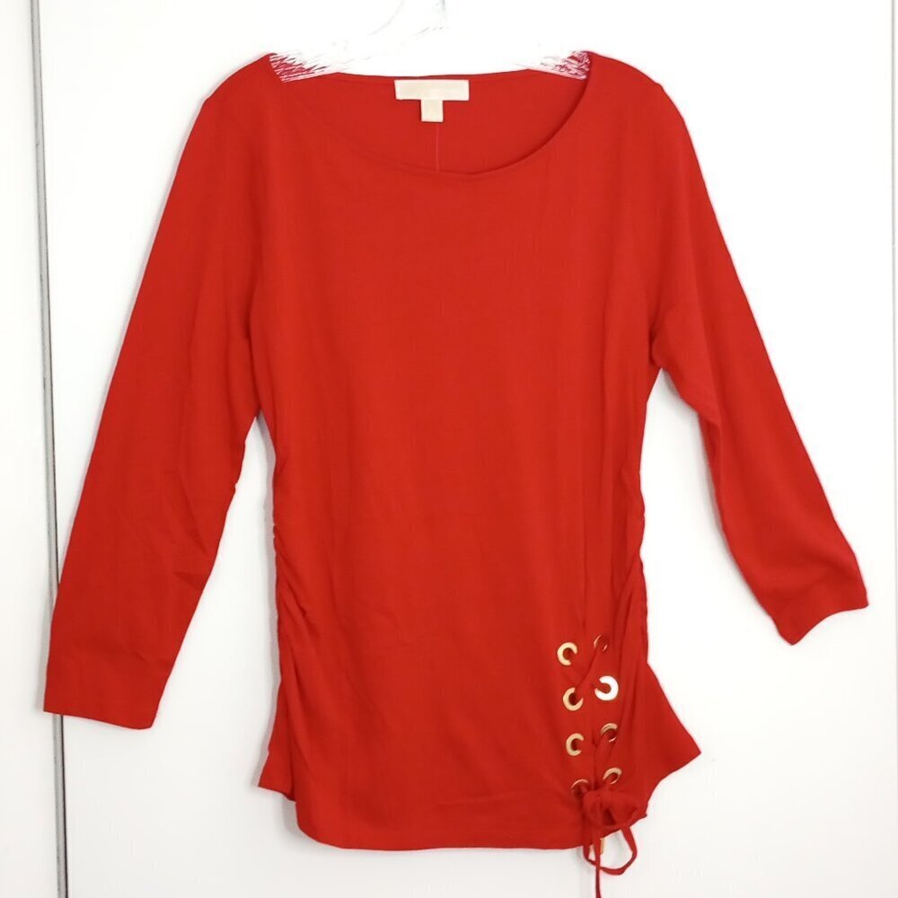 Michael Kors Red Lace Up Detail Boatneck Top